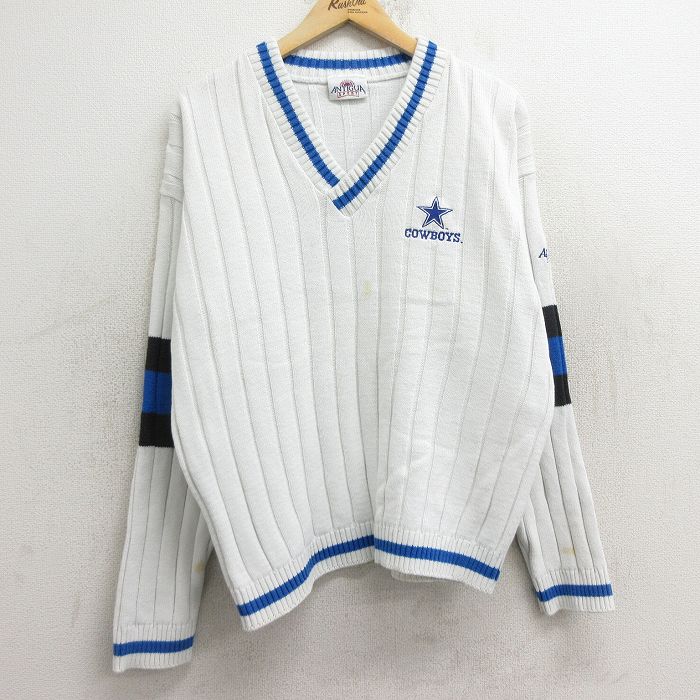 L★古着 長袖 チルデン セーター メンズ 90年代 90s NFL ダラスカウボーイズ コットン Vネック USA製 白他 ホワイト アメフト スーパーボウル 24dec23 中古 ニット トップス