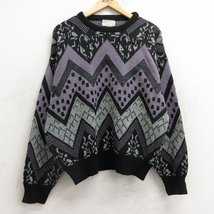 【50%OFF】XL★古着 長袖 セーター メンズ 90年代 90s レザー使用 アクリル クルーネック 黒他 ブラック 24dec23 中古 ニット トップス