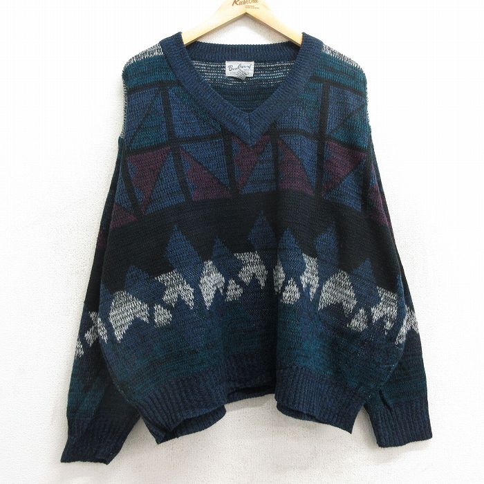 XL★古着 長袖 セーター メンズ 90年代 90s 大きいサイズ アクリル Vネック 紺他 ネイビー 24dec23 中古 ニット トップス