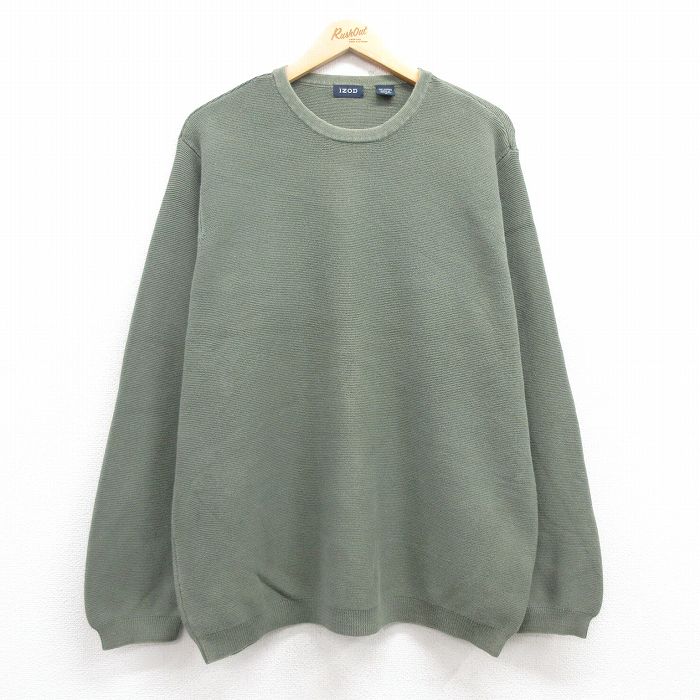 【20%OFF】L★古着 IZOD 長袖 セーター メンズ 無地 コットン クルーネック 緑 グリーン 24dec24 中古 ニット トップス