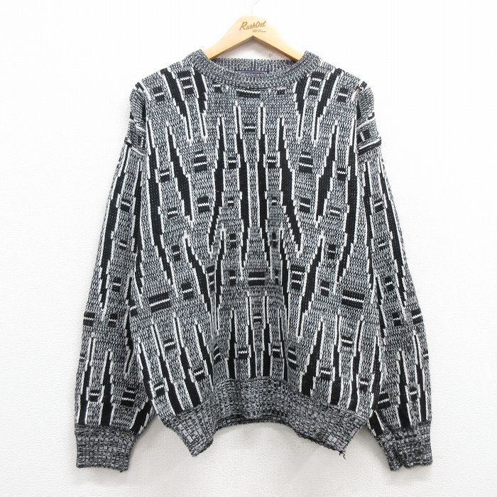 【50%OFF】L★古着 長袖 セーター メンズ 90年代 90s アクリル クルーネック 黒他 ブラック 24dec24 中古 ニット トップス