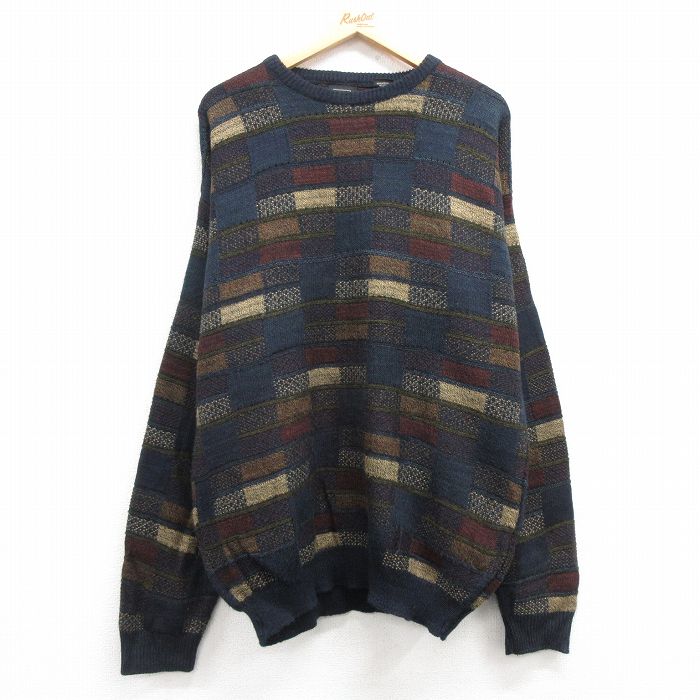 【50%OFF】XL★古着 HAGGAR 長袖 セーター メンズ アクリル クルーネック 紺系他 ネイビー 24dec24 中古 ニット トップス