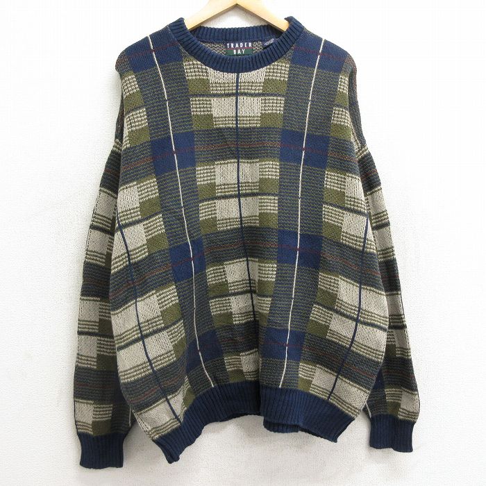 XL★古着 長袖 セーター メンズ 90年代 90s 大きいサイズ コットン クルーネック USA製 紺他 ネイビー チェック 24dec24 中古 ニット トップス