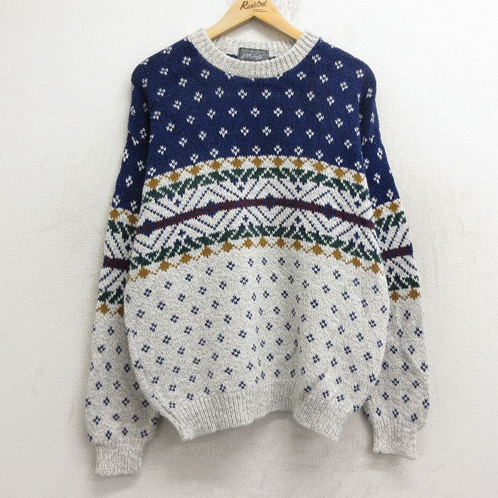 【50%OFF】L★古着 長袖 セーター メンズ 90年代 90s コットン クルーネック USA製 グレー他 24dec24 中古 ニット トップス