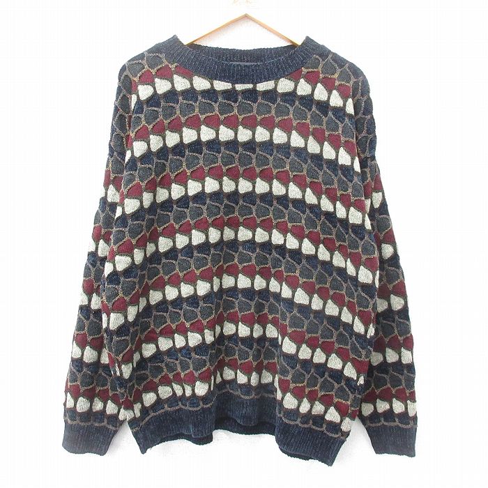 【50%OFF】XL★古着 長袖 セーター メンズ 90年代 90s アクリル クルーネック USA製 紺他 ネイビー 24dec24 中古 ニット トップス