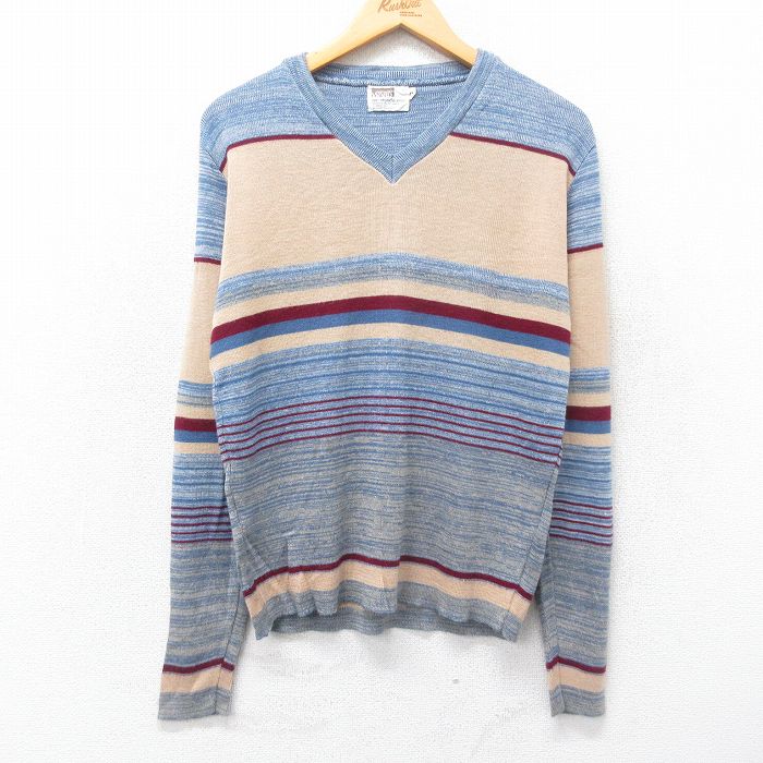 【50%OFF】S★古着 モンゴメリーワード 長袖 セーター メンズ 80年代 80s アクリル Vネック 薄紺他 ネイビー ボーダー 24dec24 中古 ニット トップス