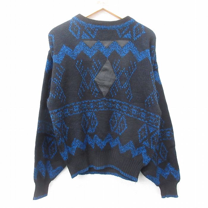 【50%OFF】L★古着 長袖 セーター メンズ 90年代 90s レザー使用 アクリル クルーネック 黒他 ブラック 24dec24 中古 ニット トップス