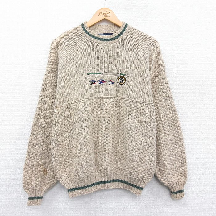 【50%OFF】M★古着 バンヒューセン 長袖 セーター メンズ 90年代 90s 釣り 刺繍 クルーネック USA製 ベージュ他 カーキ 24dec27 中古 ニット トップス
