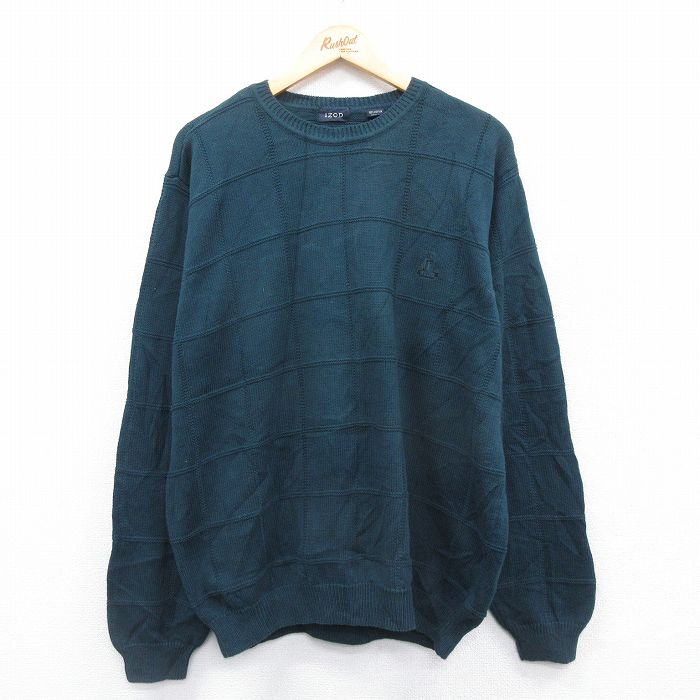 L★古着 IZOD 長袖 セーター メンズ ワンポイントロゴ コットン クルーネック 濃緑 グリーン 【spe】 24dec27 中古 ニット トップス