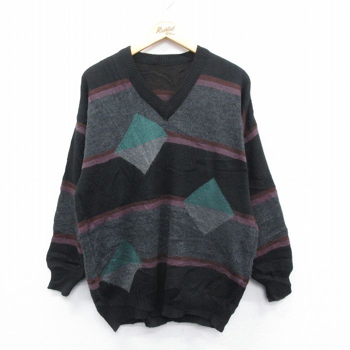 【50%OFF】L★古着 長袖 セーター メンズ Vネック 黒他 ブラック 24dec27 中古 ニット トップス