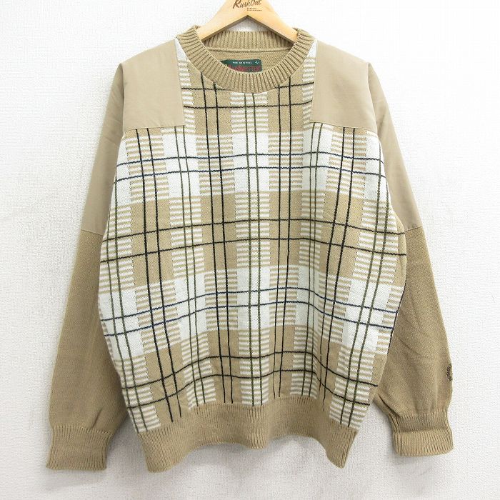 XL★古着 長袖 セーター メンズ 90年代 90s クルーネック USA製 ベージュ他 カーキ チェック 24dec27 中古 ニット トップス