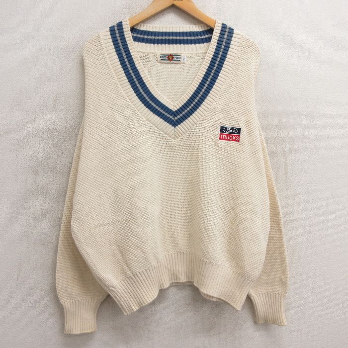 【20%OFF】XL★古着 長袖 セーター メンズ 90年代 90s フォード Ford コットン Vネック USA製 生成り 24dec28 中古 ニット トップス