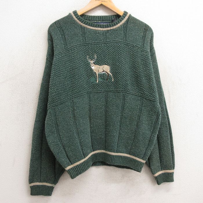 L★古着 バンヒューセン 長袖 セーター メンズ 90年代 90s シカ 刺繍 クルーネック USA製 緑 グリーン 24dec28 中古 ニット トップス