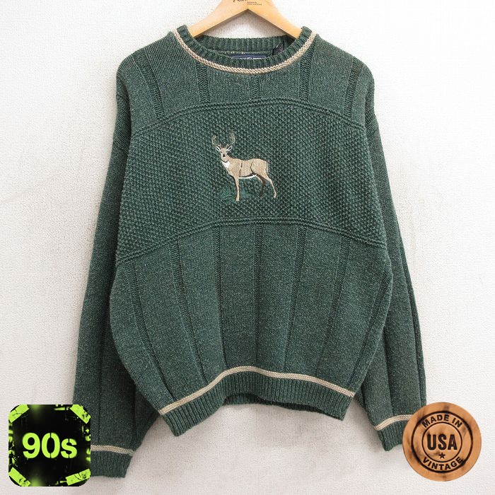バンヒューセン 90s 長袖セーター シカ刺繍 グリーン L | 古着