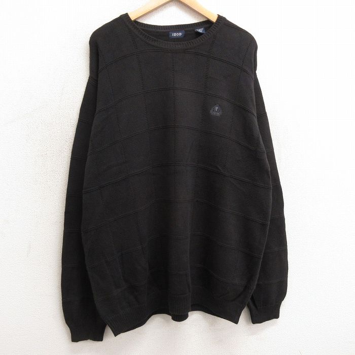 【50%OFF】XL★古着 IZOD 長袖 セーター メンズ ワンポイントロゴ 大きいサイズ コットン クルーネック 黒 ブラック チェック 24dec28 中古 ニット トップス