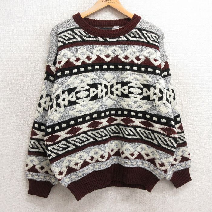 【50%OFF】XL★古着 長袖 セーター メンズ 00年代 00s ネイティブ柄 ラグ柄 アクリル クルーネック エンジ他 24dec28 中古 ニット トップス