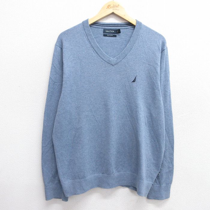 L★古着 ノーティカ NAUTICA 長袖 ブランド セーター メンズ ワンポイントロゴ Vネック 薄紺 ネイビー 25jan06 中古 ニット トップス