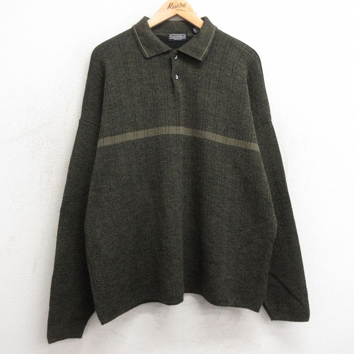 【20%OFF】XL★古着 長袖 セーター メンズ 90年代 90s 襟付き 大きいサイズ イタリア製 濃緑他 グリーン 【spe】 25jan06 中古 ニット トップス