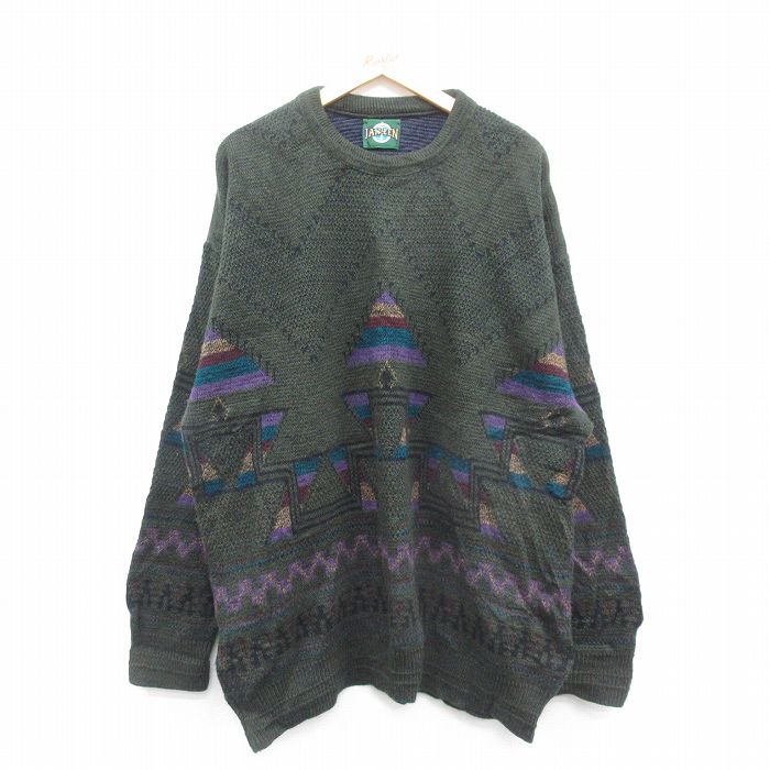 XL★古着 ジャンセン 長袖 セーター メンズ 90年代 90s ネイティブ柄 ラグ柄 大きいサイズ　ロング丈 クルーネック 濃緑他 グリーン 25jan06 中古 ニット トップス