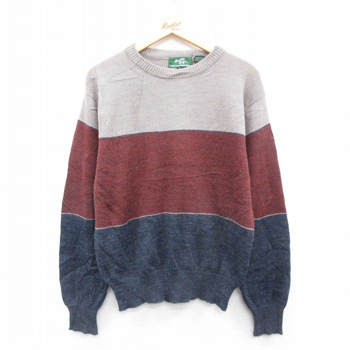 【50%OFF】L★古着 長袖 セーター メンズ 90年代 90s マルチカラー クルーネック 紺他 ネイビー 25jan06 中古 ニット トップス