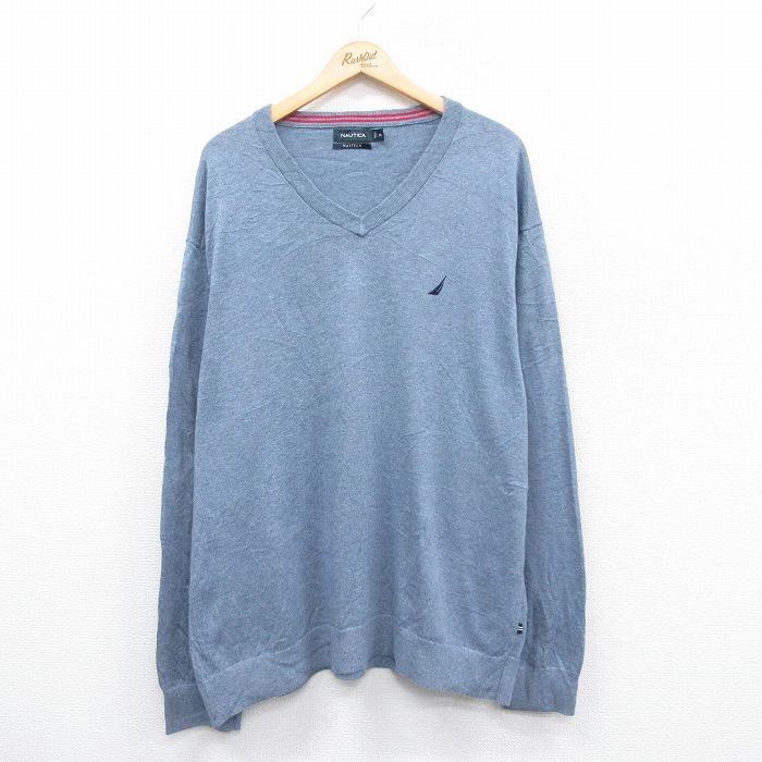 【50%OFF】XL★古着 ノーティカ NAUTICA 長袖 ブランド セーター メンズ ワンポイントロゴ 大きいサイズ Vネック 薄紺 ネイビー 25jan06 中古 ニット トップス