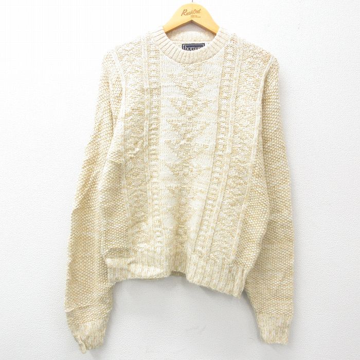 【20%OFF】M★古着 長袖 セーター メンズ 90年代 90s クルーネック USA製 ベージュ系 カーキ 25jan07 中古 ニット トップス