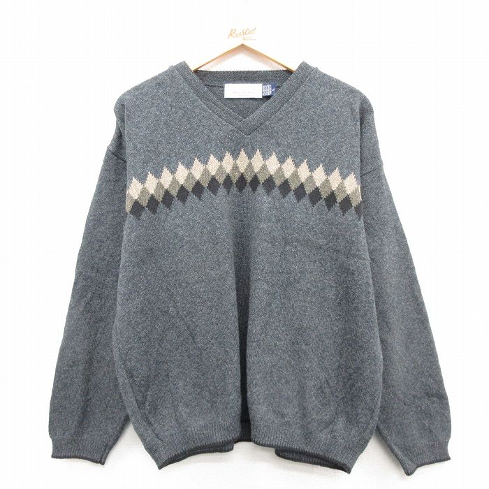 XL★古着 長袖 セーター メンズ 90年代 90s 手織り Vネック USA製 グレー 25jan08 中古 ニット トップス