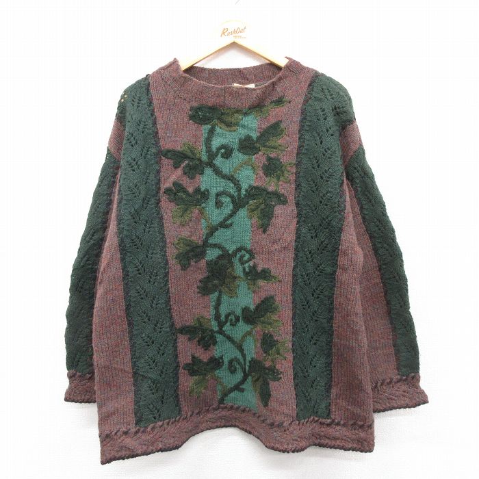 【50%OFF】XL★古着 EXPRESS 長袖 セーター メンズ 葉 ウール クルーネック エンジ他 【spe】 25jan08 中古 ニット トップス