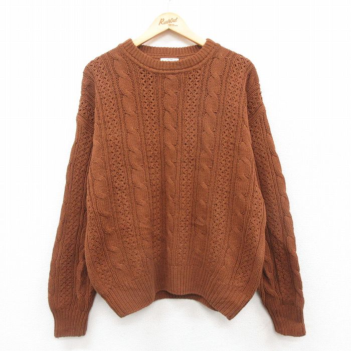 【50%OFF】L★古着 バンヒューセン 長袖 ケーブル セーター メンズ 90年代 90s クルーネック 茶 ブラウン 25jan09 中古 ニット トップス