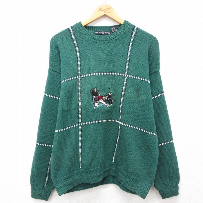 【20%OFF】M★古着 長袖 セーター メンズ ゴルフ 刺繍 クルーネック 緑他 グリーン 25jan10 中古 ニット トップス