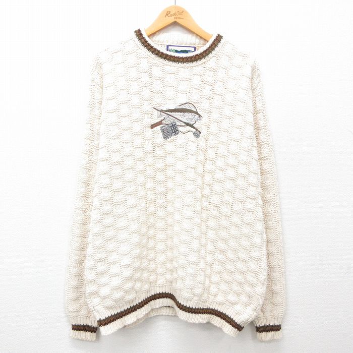 【50%OFF】XL★古着 長袖 セーター メンズ 90年代 90s 魚 刺繍 コットン クルーネック USA製 生成り他 25jan10 中古 ニット トップス