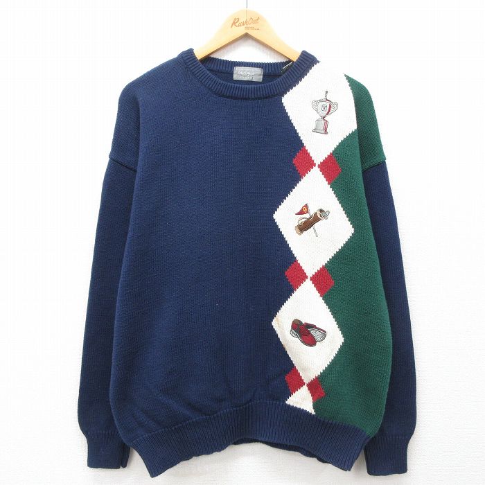 90s 長袖セーター ゴルフ刺繍 ネイビー L | 古着