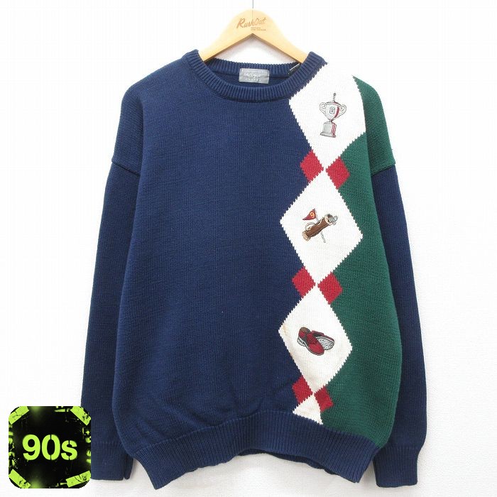 90s 長袖セーター ゴルフ刺繍 ネイビー L | 古着