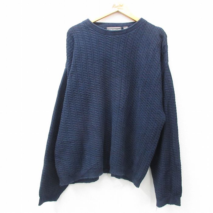 XL★古着 長袖 セーター メンズ 90年代 90s 手織り コットン クルーネック USA製 紺 ネイビー 25jan10 中古 ニット トップス