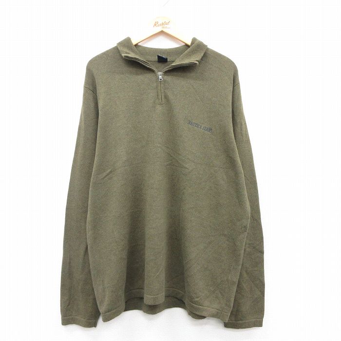 【50%OFF】XL★古着 ノーティカ NAUTICA 長袖 ハーフジップ セーター メンズ ワンポイントロゴ コットン 緑系 グリーン 25jan10 中古 ニット トップス