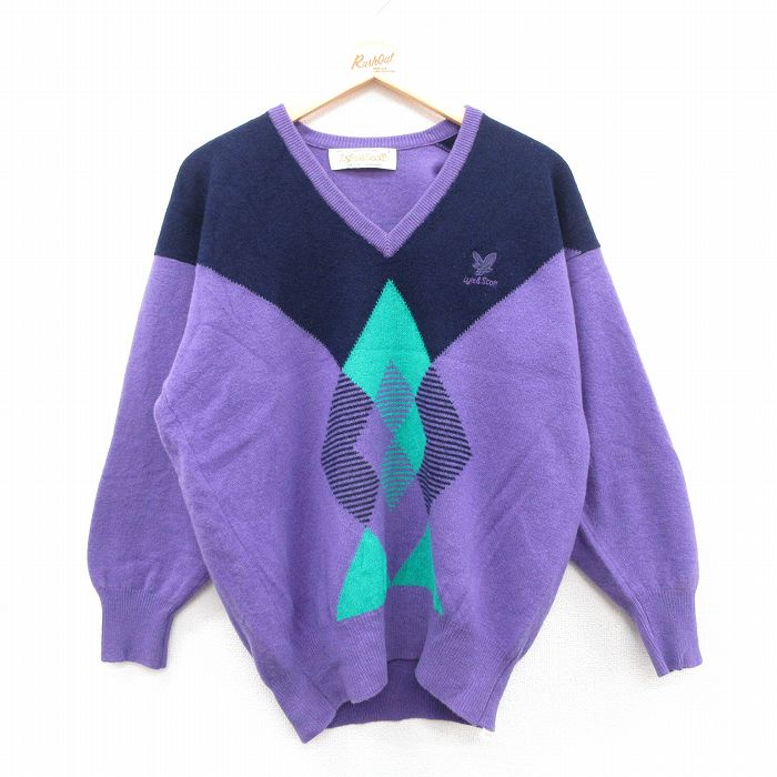 【50%OFF】L★古着 長袖 セーター メンズ 90年代 90s Lyle&Scott ラムウール Vネック スコットランド製 紫 パープル 25jan10 中古 ニット トップス