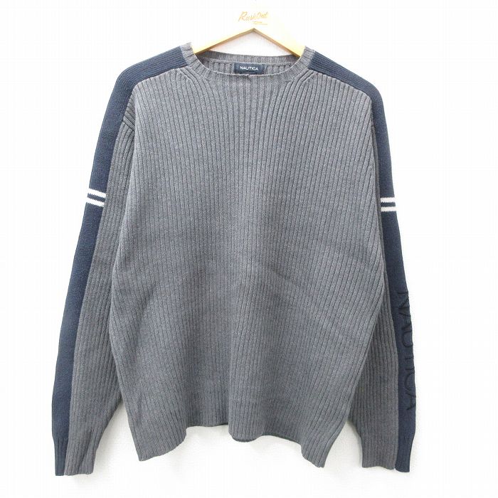 【50%OFF】L★古着 ノーティカ NAUTICA 長袖 ブランド セーター メンズ ビッグロゴ コットン クルーネック グレー他 25jan10 中古 ニット トップス