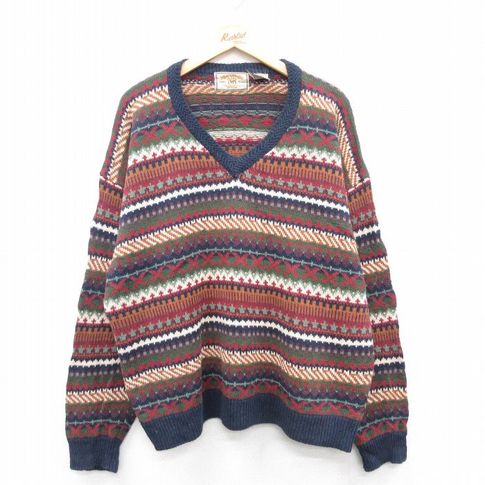 XL★古着 長袖 セーター メンズ 00年代 00s フェアアイル 大きいサイズ Vネック 赤 レッド 【spe】 25jan11 中古 ニット トップス