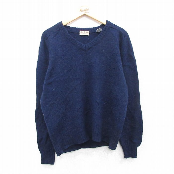 【50%OFF】L★古着 長袖 セーター メンズ 90年代 90s 無地 ウール Vネック 紺 ネイビー 25jan11 中古 ニット トップス