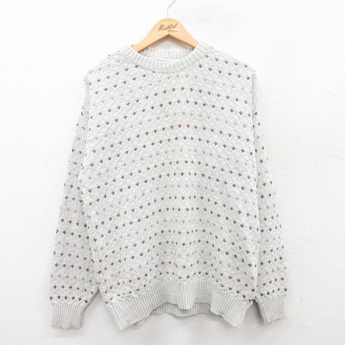 【50%OFF】L★古着 長袖 セーター メンズ バーズアイ クルーネック 薄グレー 25jan11 中古 ニット トップス