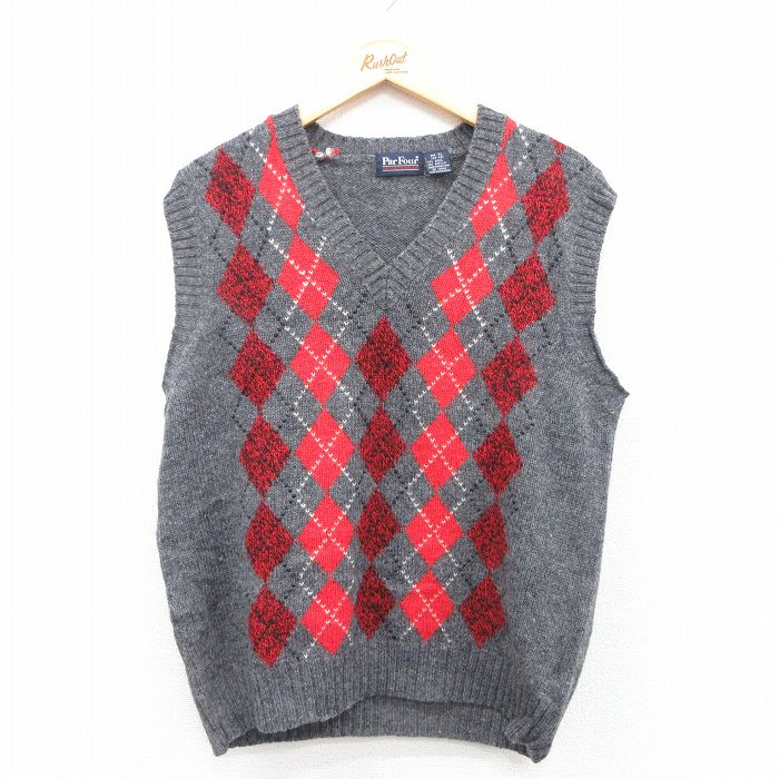 L★古着 Par Four ニット ベスト メンズ 90年代 90s アーガイル ウール Vネック グレー 25jan11 中古 トップス