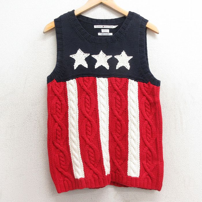 S★古着 トミーヒルフィガー TOMMY HILFIGER ブランド ケーブル ニット ベスト メンズ 星条旗 コットン クルーネック 赤他 レッド 25jan11 中古 トップス