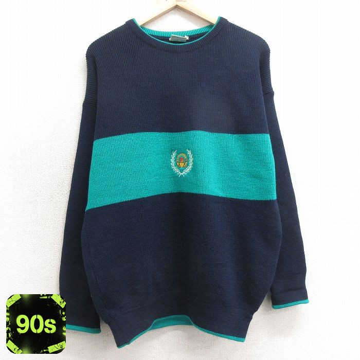 ニット 90s 長袖セーター 刺繍 ネイビー L | 古着