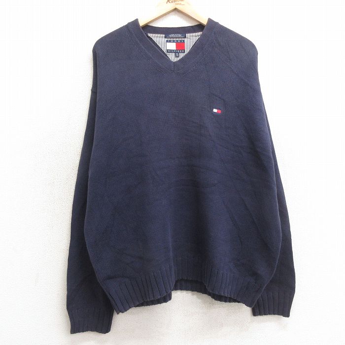 【50%OFF】XL★古着 トミーヒルフィガー TOMMY HILFIGER 長袖 ブランド セーター メンズ 90年代 90s ワンポイントロゴ 大きいサイズ コットン Vネック 紺 ネイビー 25jan11 中古 ニット トップス