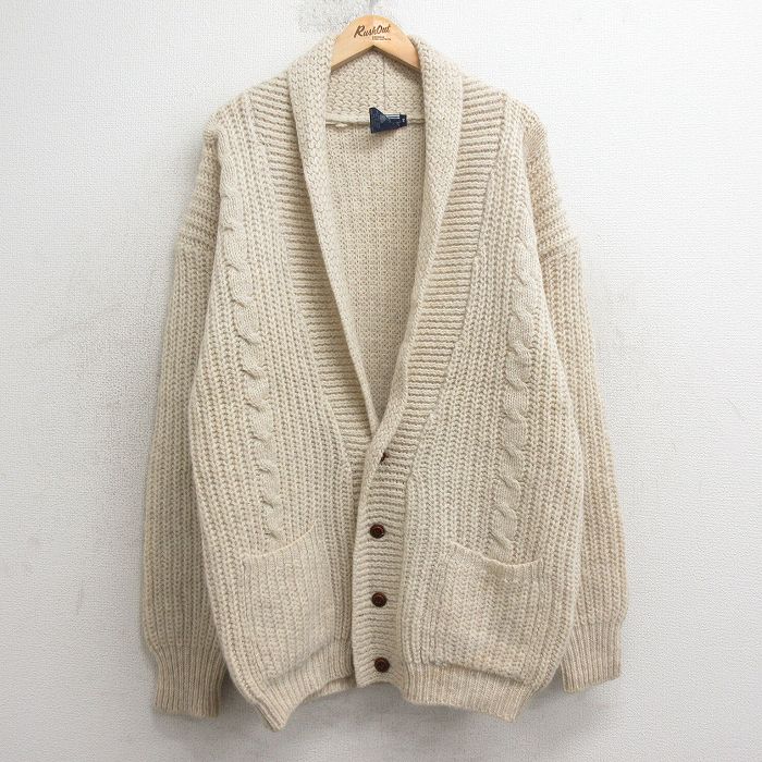 L★古着 長袖 ケーブル ニット カーディガン メンズ 90年代 90s ウール ショールカラー 生成り 25jan15 中古 トップス