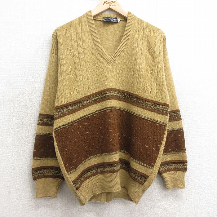 【50%OFF】M★古着 長袖 セーター メンズ 90年代 90s Vネック ベージュ系他 カーキ 25jan15 中古 ニット トップス