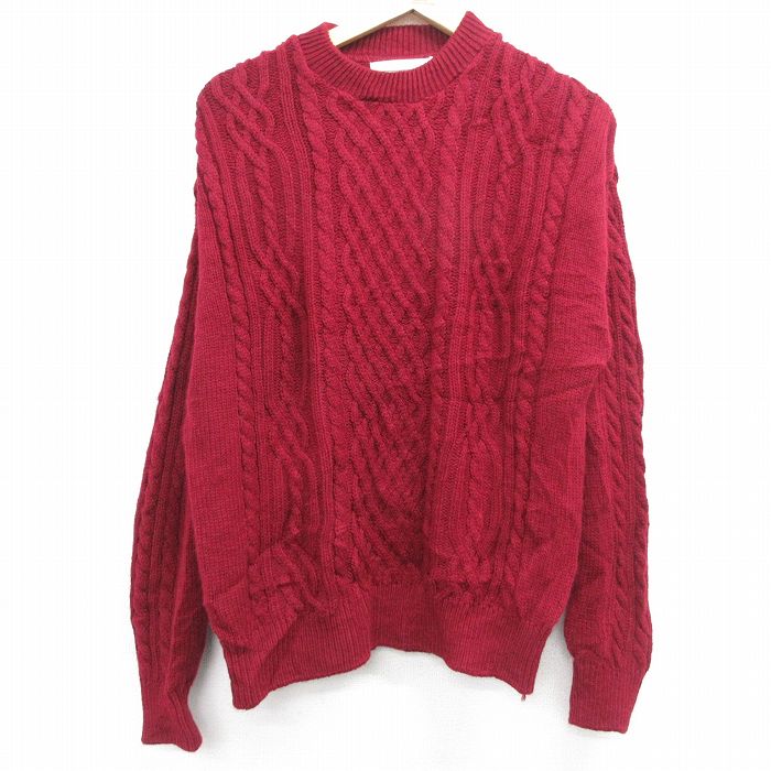 L★古着 長袖 ケーブル セーター メンズ 90年代 90s アクリル クルーネック USA製 エンジ 25jan22 中古 ニット トップス