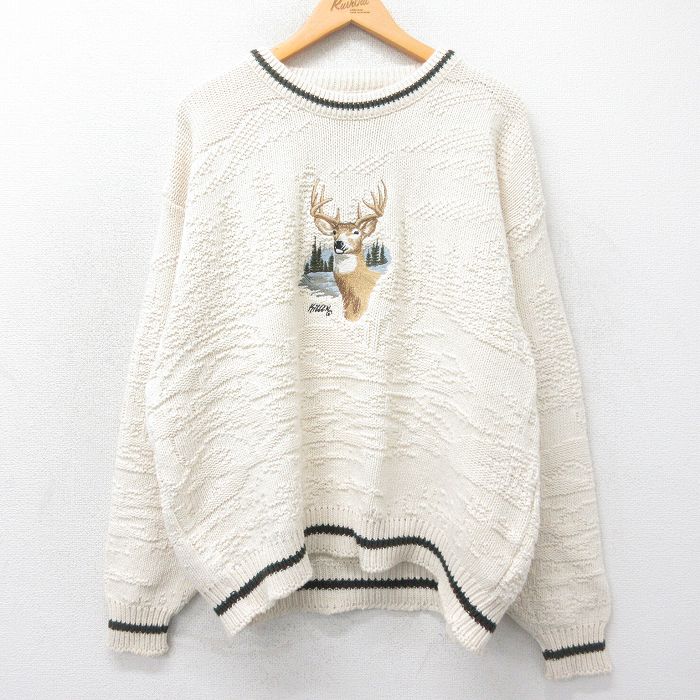 XL★古着 長袖 セーター メンズ 90年代 90s シカ 刺繍 大きいサイズ コットン クルーネック USA製 生成り 25jan15 中古 ニット トップス
