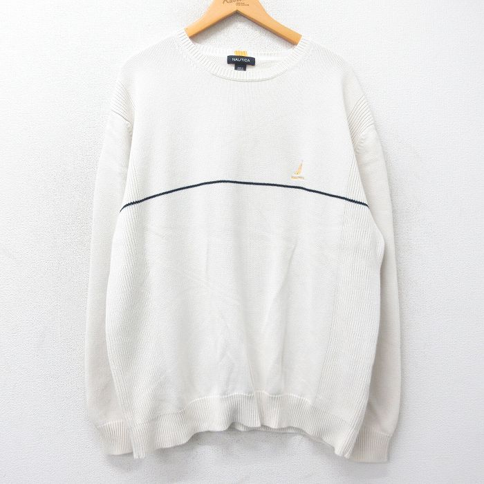 XL★古着 ノーティカ NAUTICA 長袖 ブランド セーター メンズ ワンポイントロゴ 大きいサイズ コットン クルーネック 生成り 25jan15 中古 ニット トップス