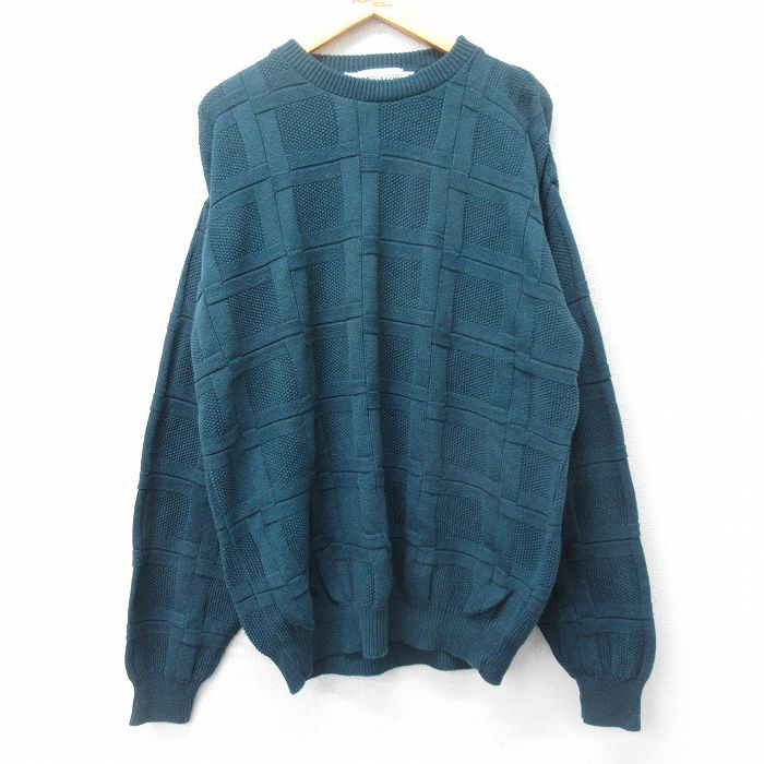 【50%OFF】XL★古着 長袖 セーター メンズ 90年代 90s 大きいサイズ コットン クルーネック USA製 濃緑 グリーン 25jan15 中古 ニット トップス